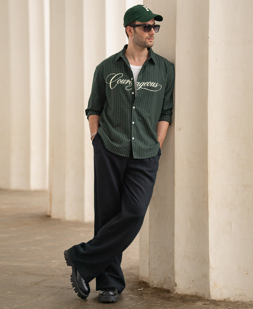 Green Calligraphy Print Stripe Shirt