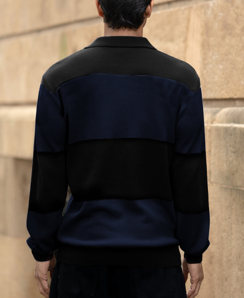 Blue Structured Knit Striped T-Shirt.