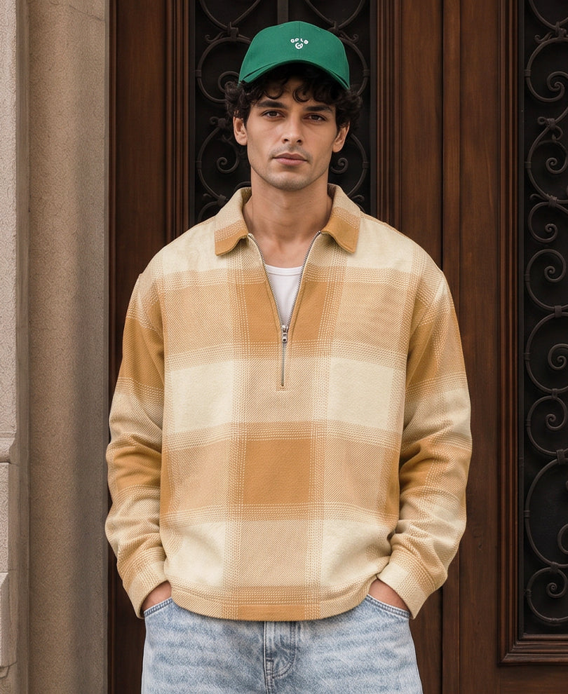 Beige Checks Zipper Shirt