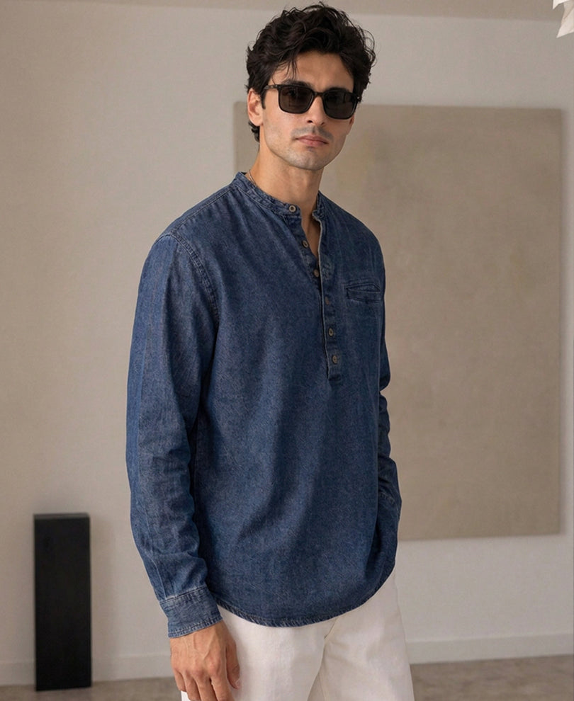 Blue Washed Denim Kurta Shirt