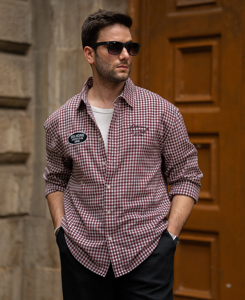 Wine Embroidered Micro Checks Shirt