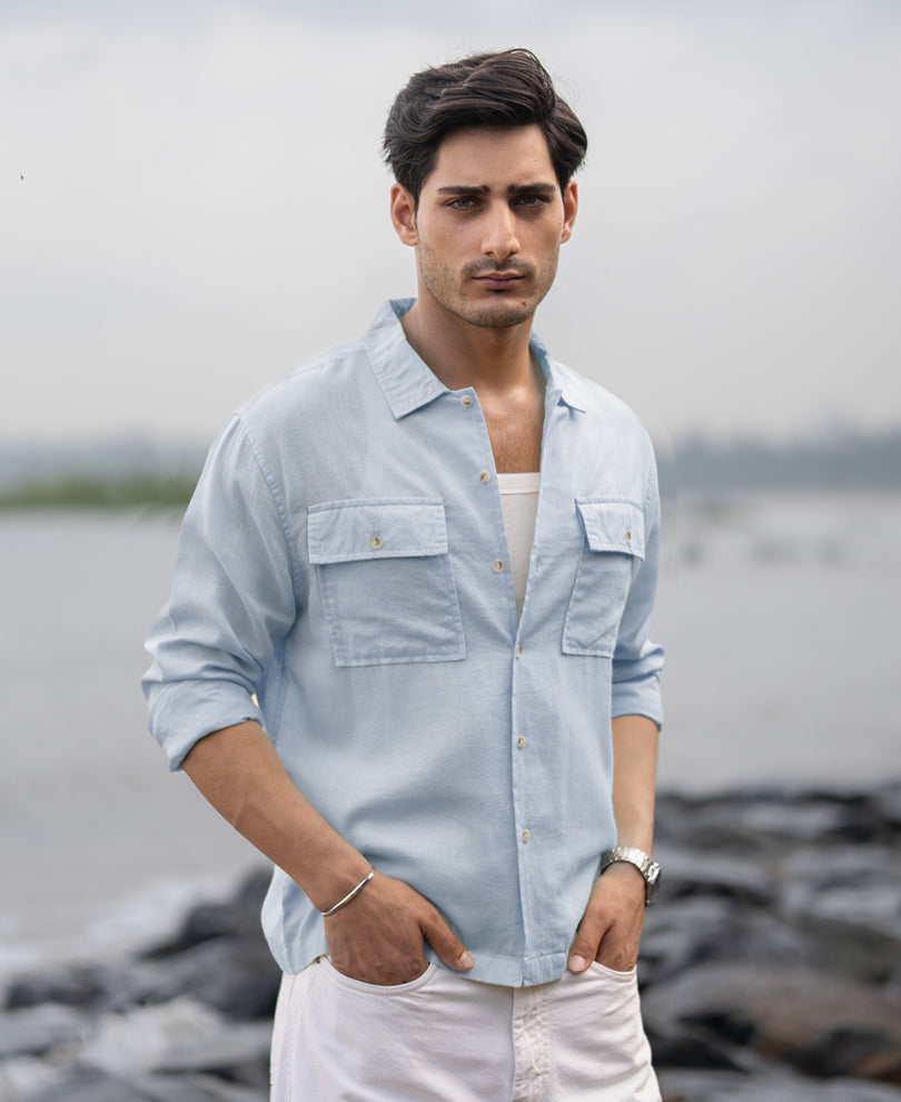 Light Blue Linen Double Pocket Shirt.
