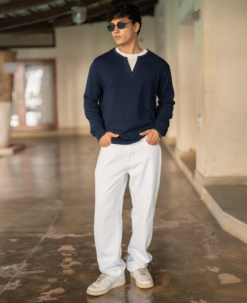 Navy Contrast Double Neck T-Shirt 100% Cotton