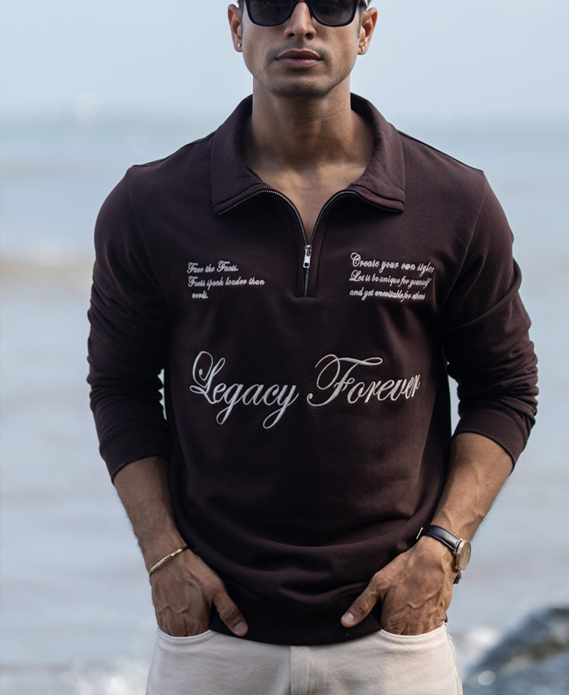 Brown Embroidered Quarter Zip T-Shirt.