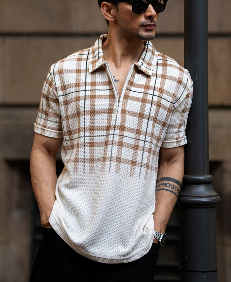 Beige Checks Print T-Shirt.