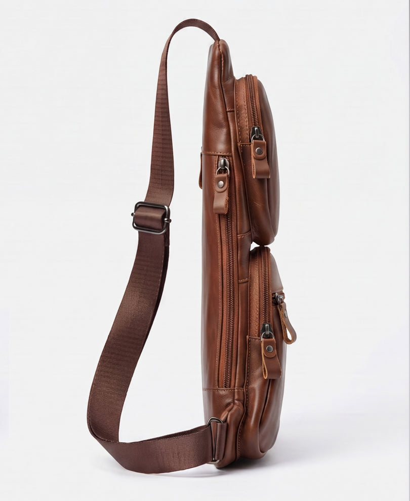 Tan Brown Multipockets Leather Bag