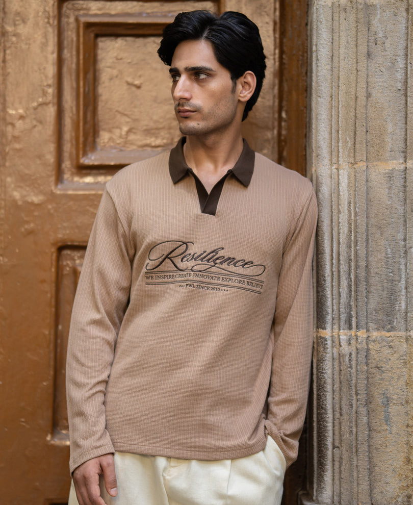Dark Beige Contrast Embroidery T-Shirt