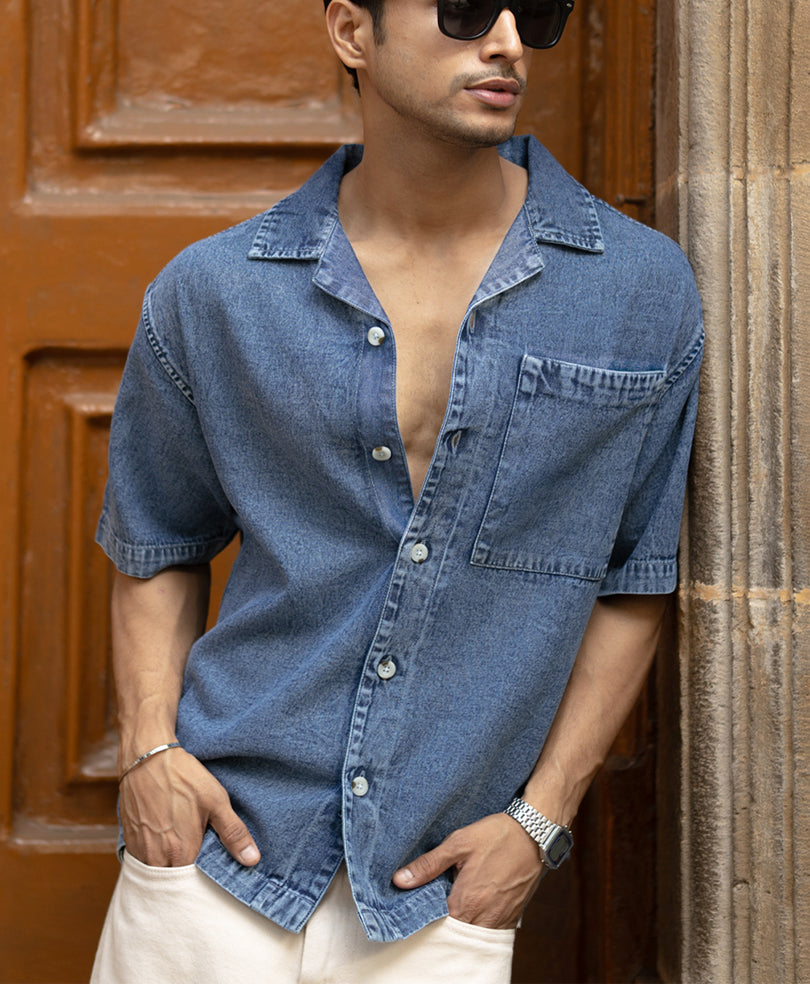Dark Blue Washed Boxy Denim Shirt.