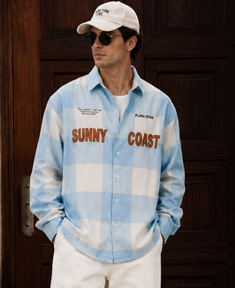 Light Blue Embroidered Checks Shirt