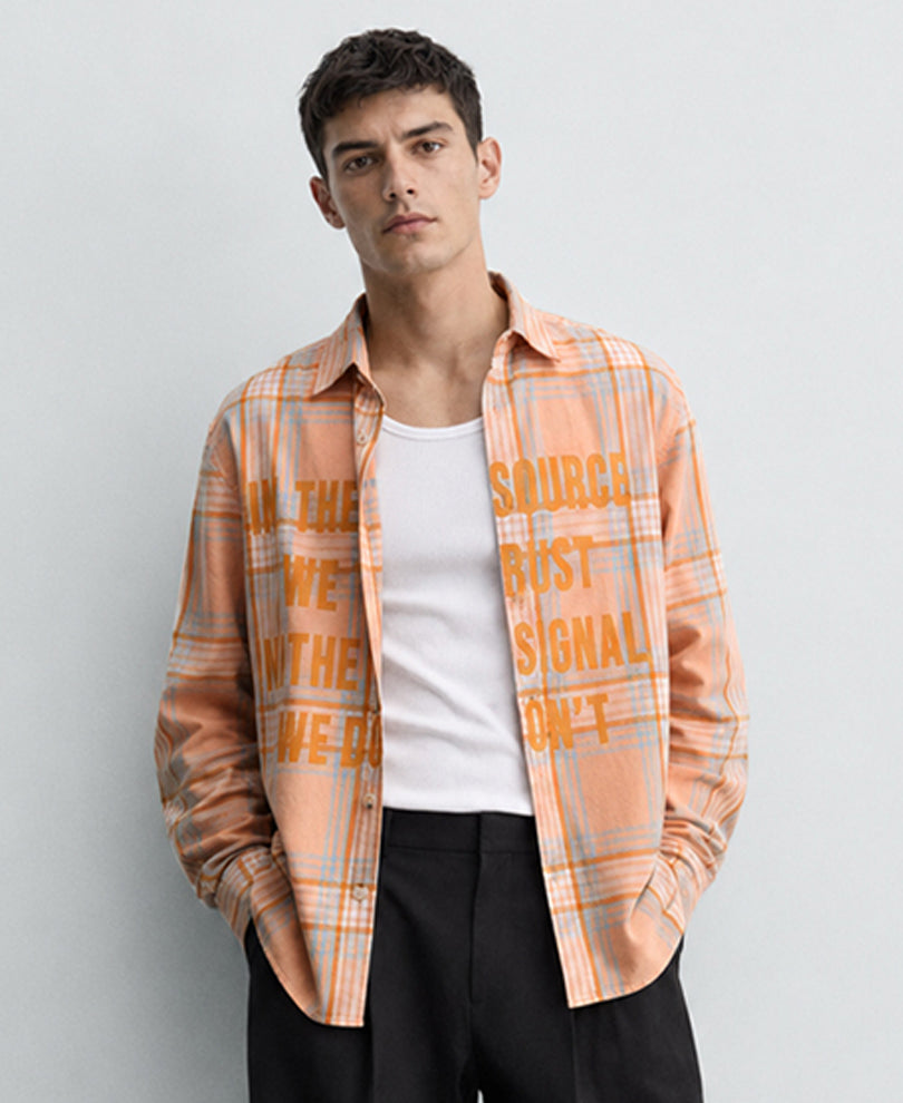 Light Peach Printed Checks Shirt