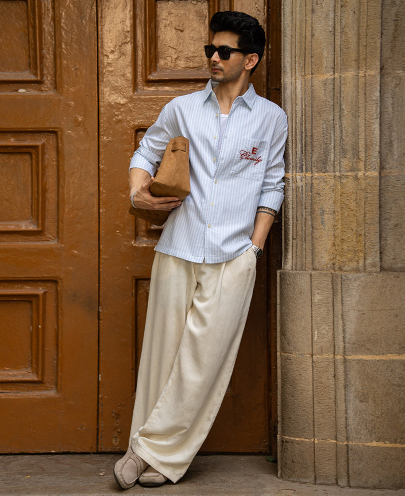 Blue Embroidered Oxford Stripe Shirt 100% Cotton