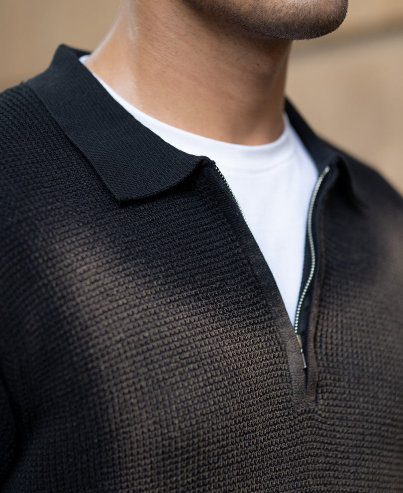 Black Sprayed Zipper Neck T-Shirt.