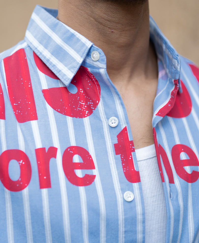 Blue Slogan Print Stripe Shirt.