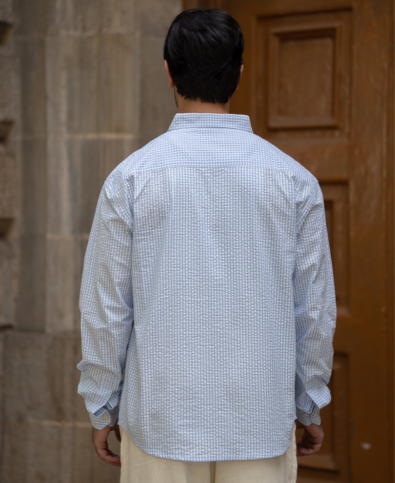 Blue Embroidered Checks Shirt