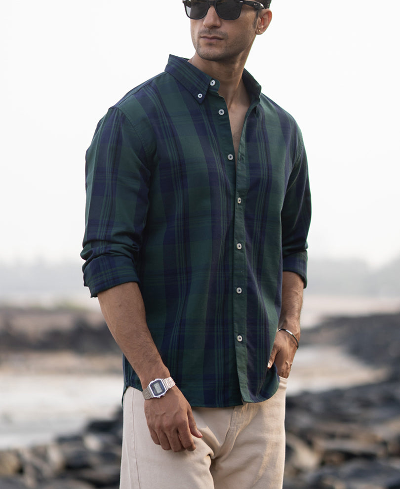 Navy Green Structured Checks Shirt.