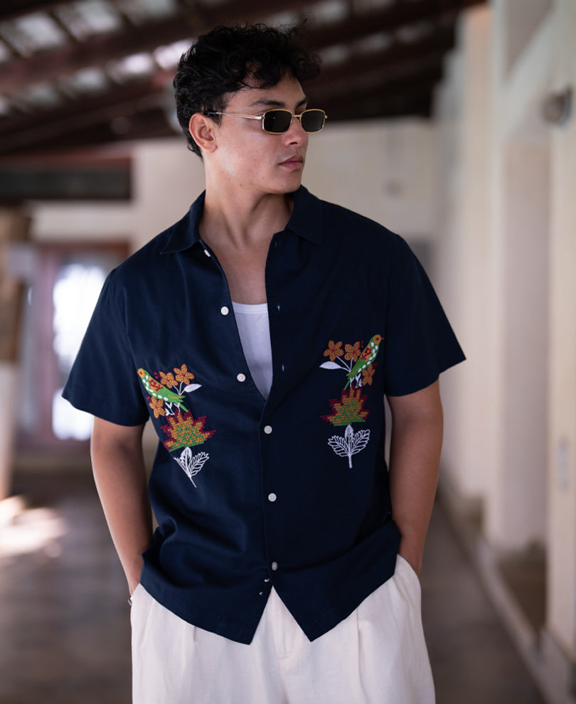 Navy Parrot Embroidery Shirt 100% Cotton