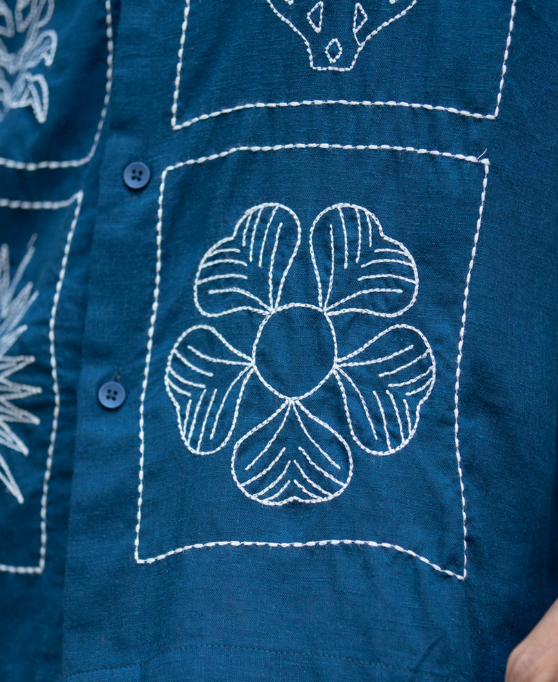 Blue Linen Blend Embroidery Shirt.