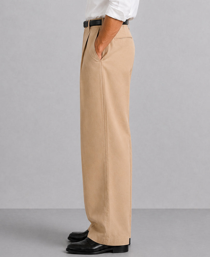 Beige Pleated Cotton Baggy Trousers