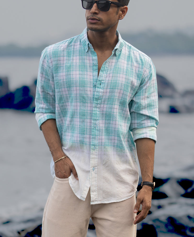 Aqua Blue Light Weight Ombre Checks Shirt.