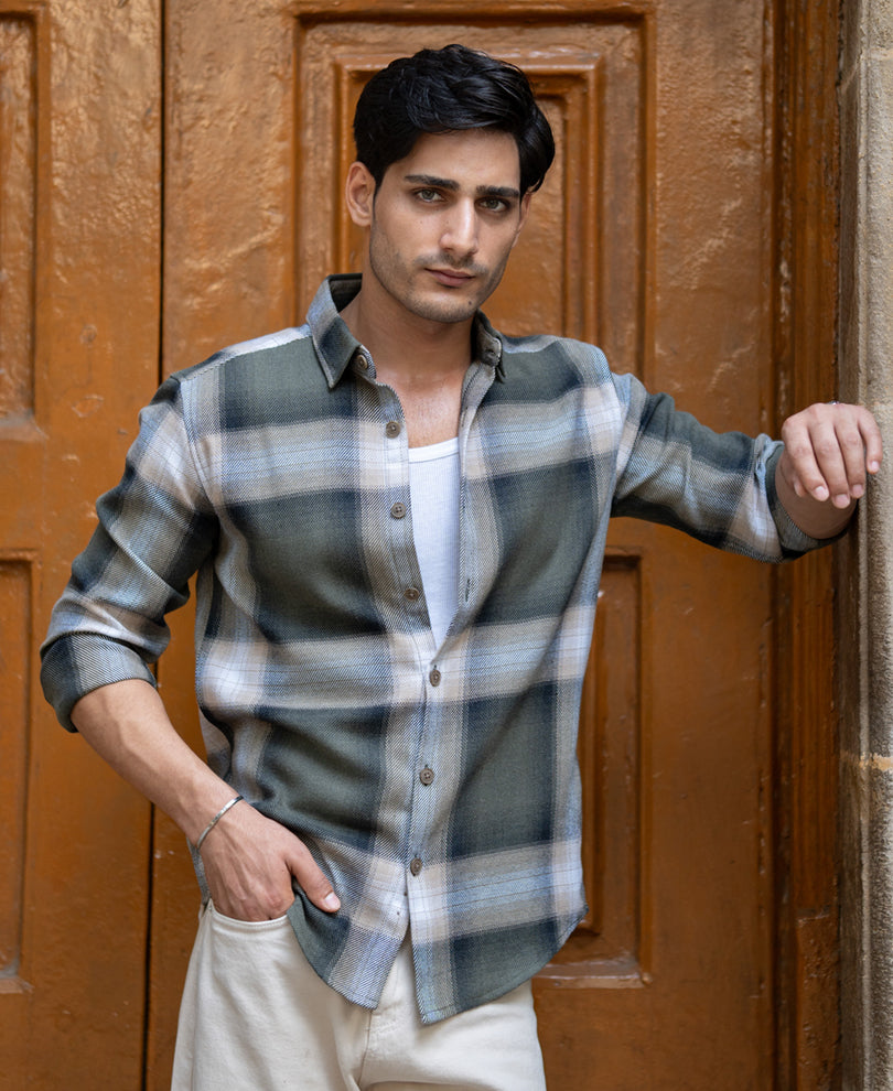 Olive Twill Checks Shirt.