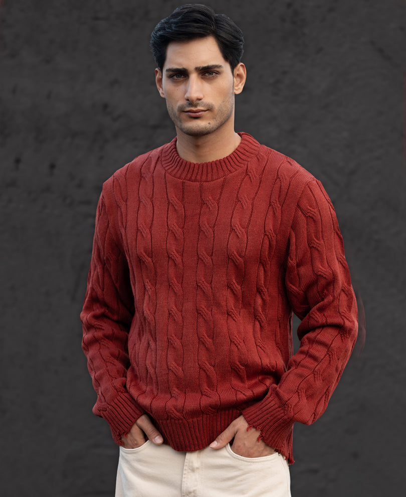 Ochre Distressed Cable Knit T-Shirt.
