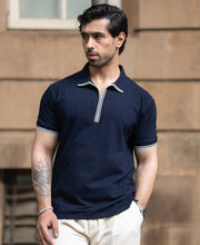Navy Structured Knit Polo T-Shirt
