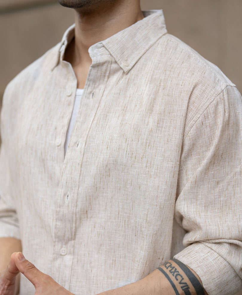 Beige Slub Stripe Shirt.