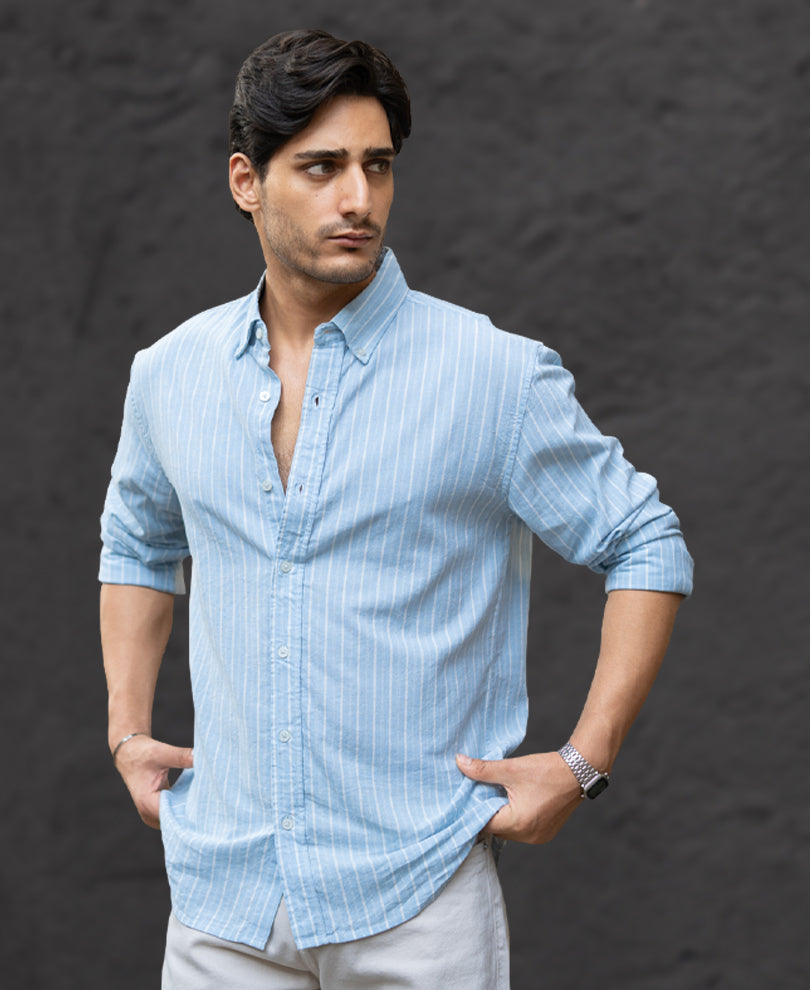 Light Blue Linen Stripe Shirt.