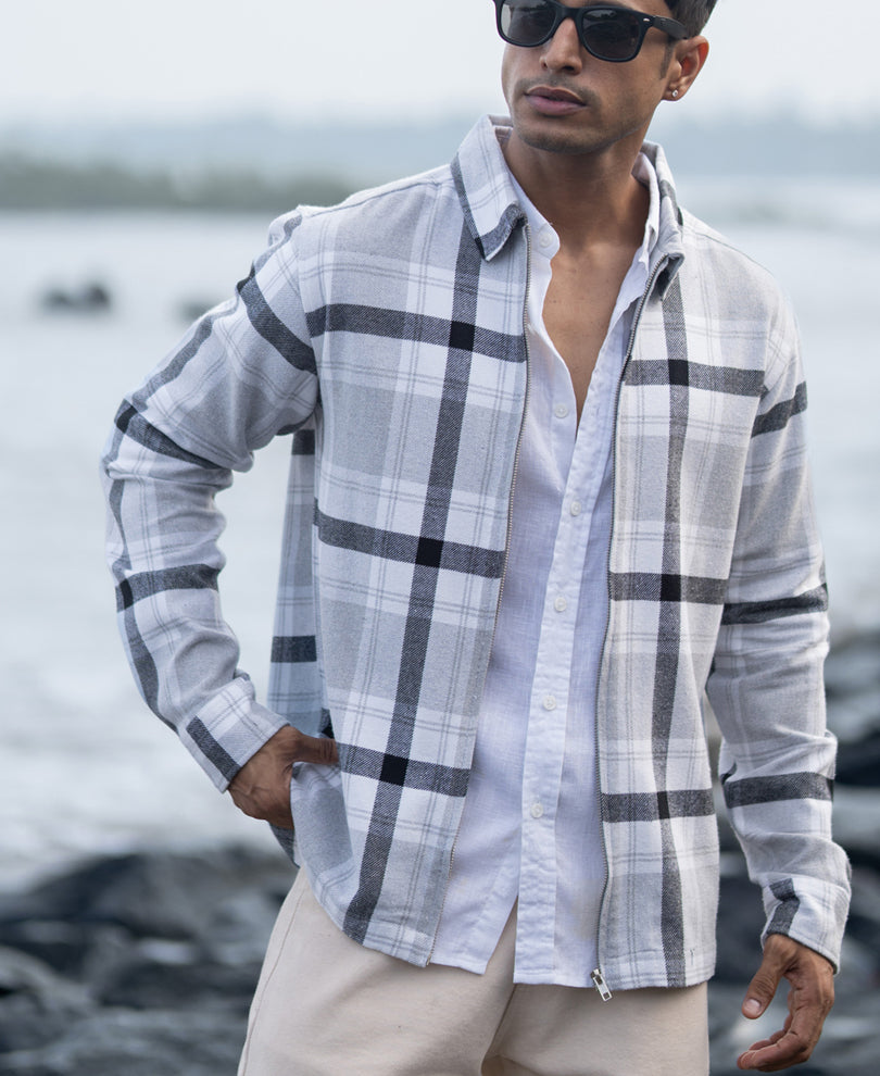 Grey Checks Zipper Shirt.