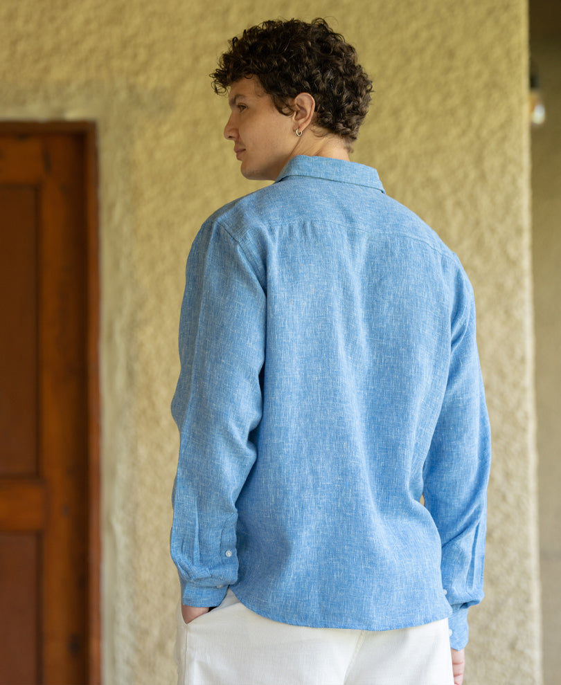 Blue Linen Blend Structured Shirt