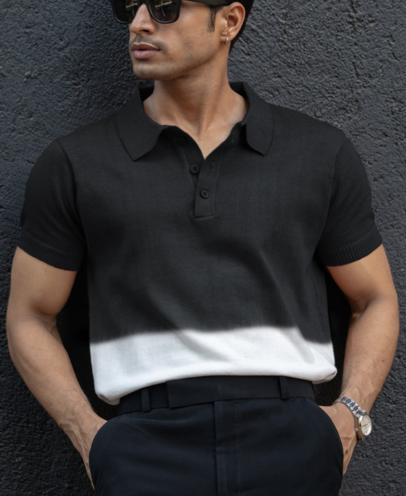 Black Ombre Knit Polo T-Shirt.