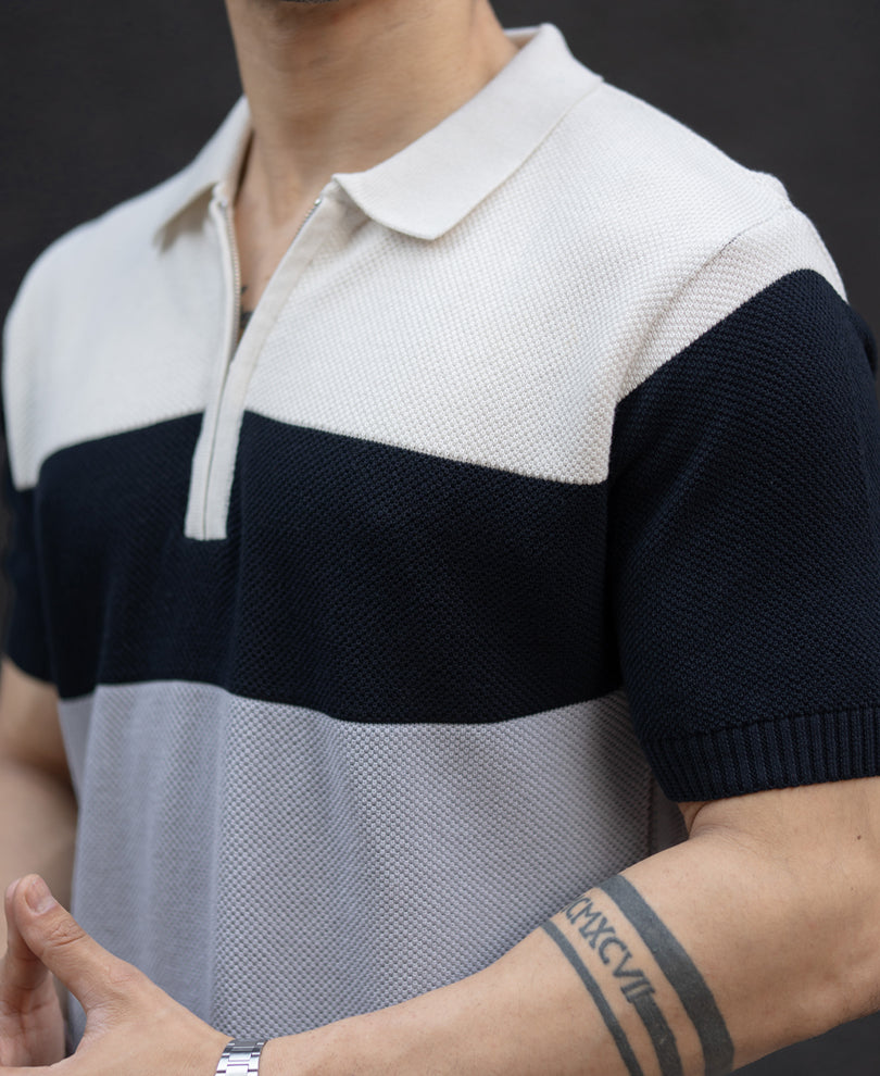 Grey & Navy Knit Stripe T-Shirt.