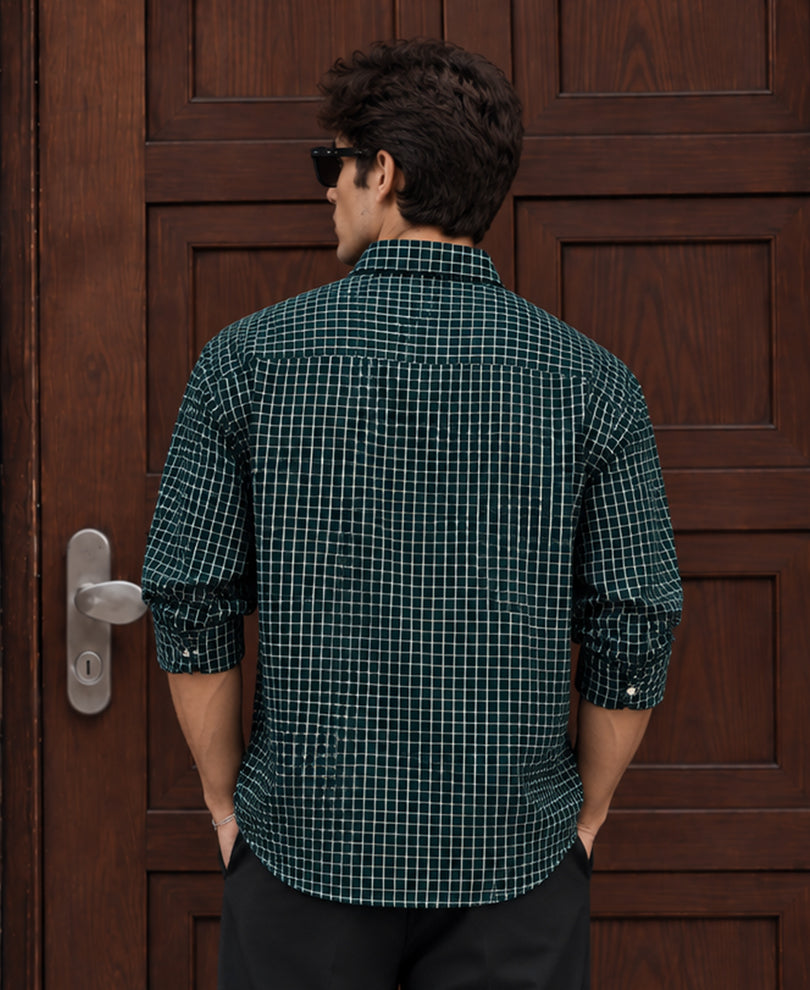 Pine Green Printed Checks Shirt 100% Cotton
