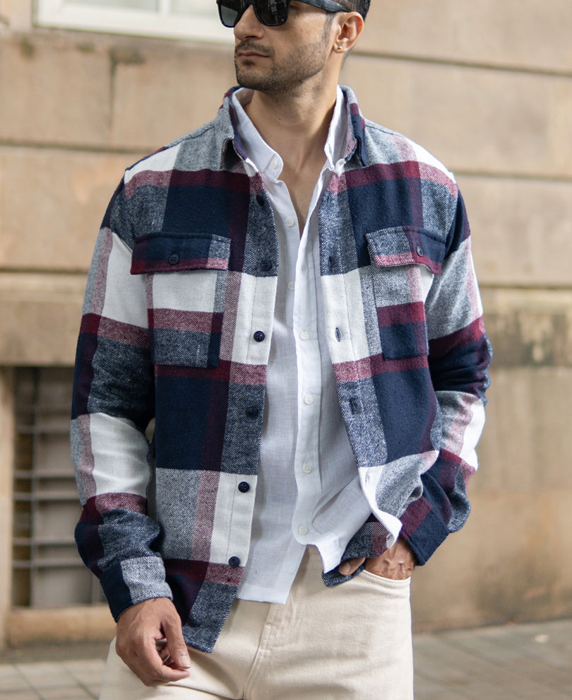 Navy And Wine Flannel Checks Shirt.