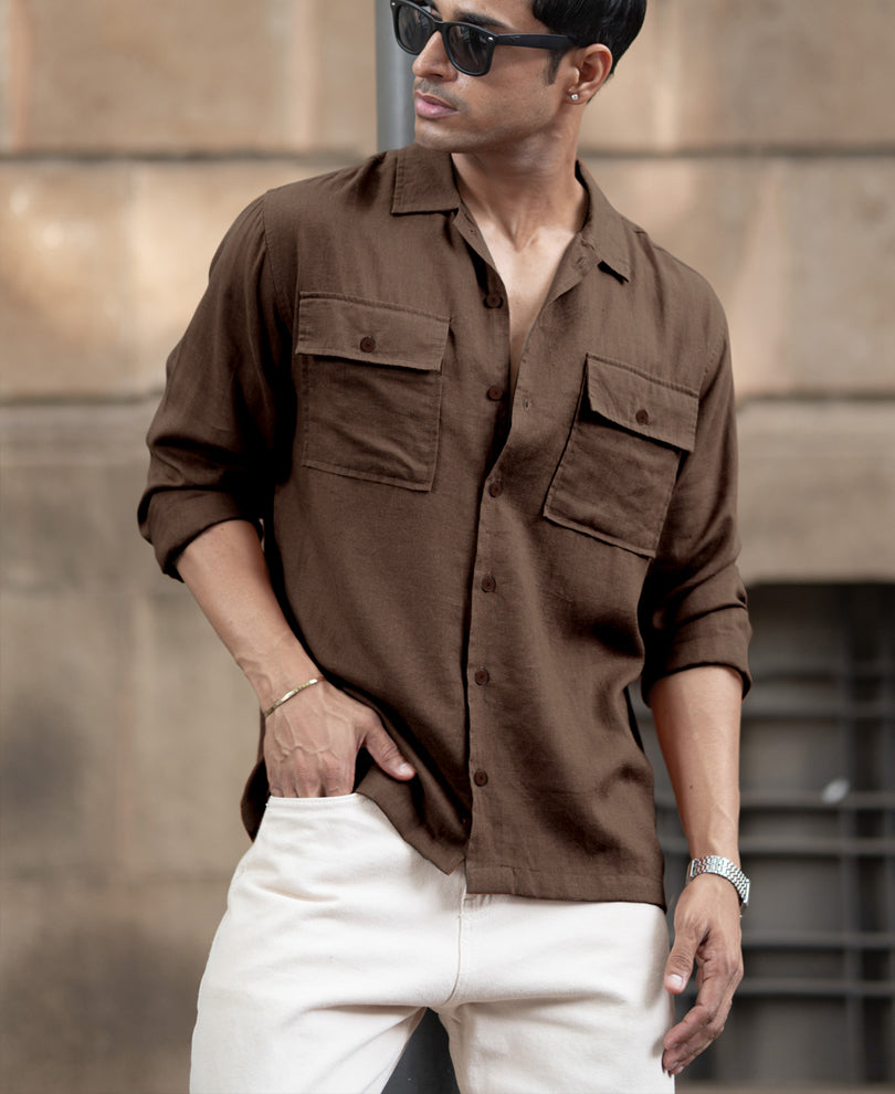 Brown Linen Double Pocket Shirt.