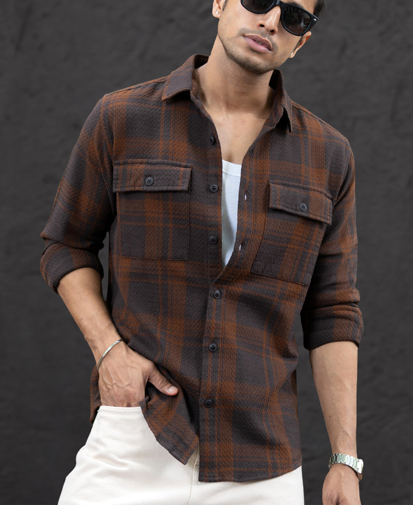 Dark Brown Structured Checks Shirt.