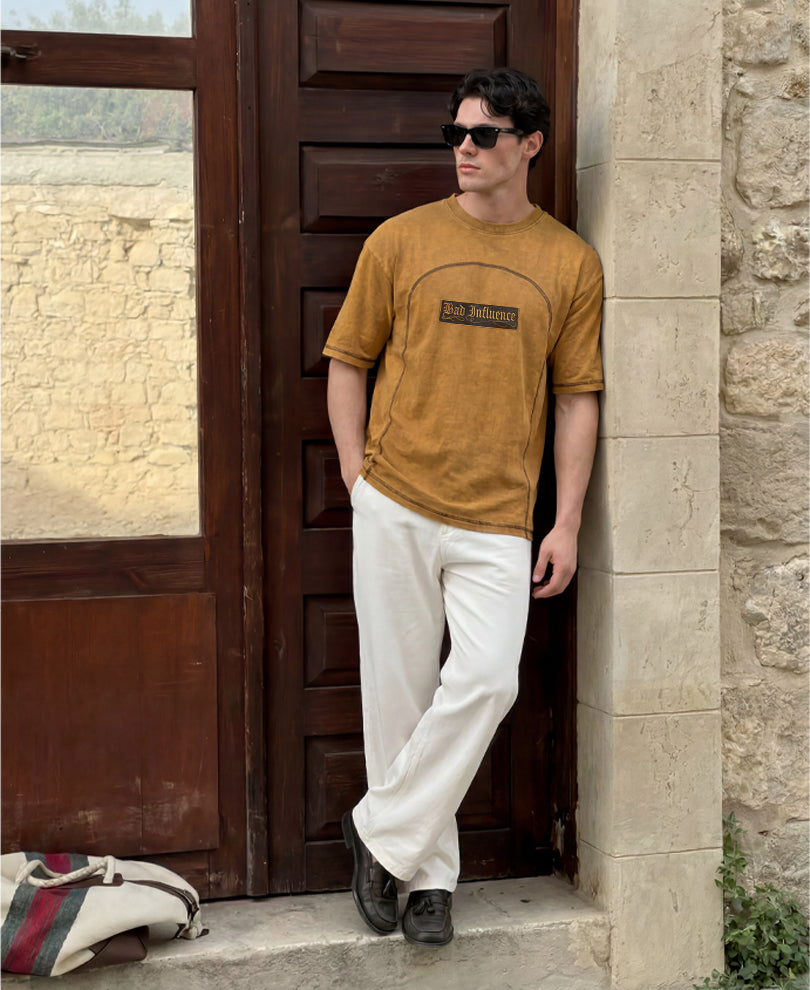 Dark Mustard Paneled Washed T-Shirt 100% Cotton