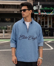 Blue Embroidered Denim Zipper Shirt