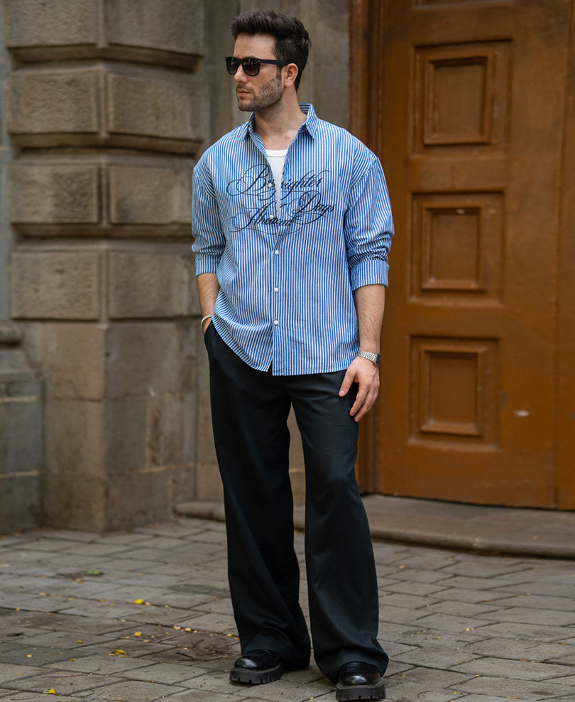 Blue Calligraphy Printed Striped Shirt 100% Cotton