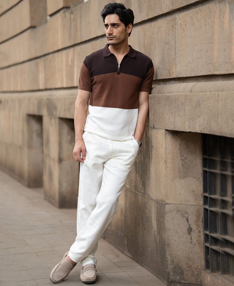 Brown & Beige Stripe Knit T-Shirt.