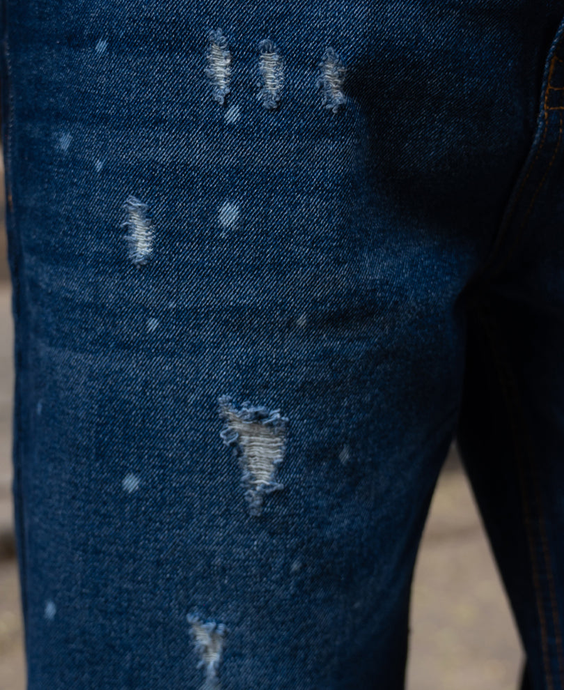 Dark Blue Distressed Baggy Fit Jeans.