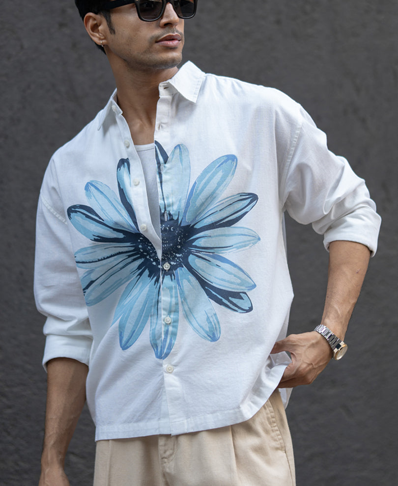 White Printed Boxy Lightweight Shirt.