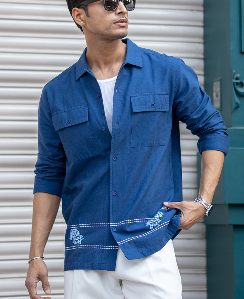 Navy Embroidered Linen Shirt.