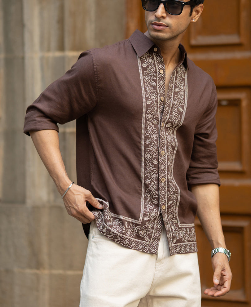 Dark Brown Linen Blend Embroidery Shirt.