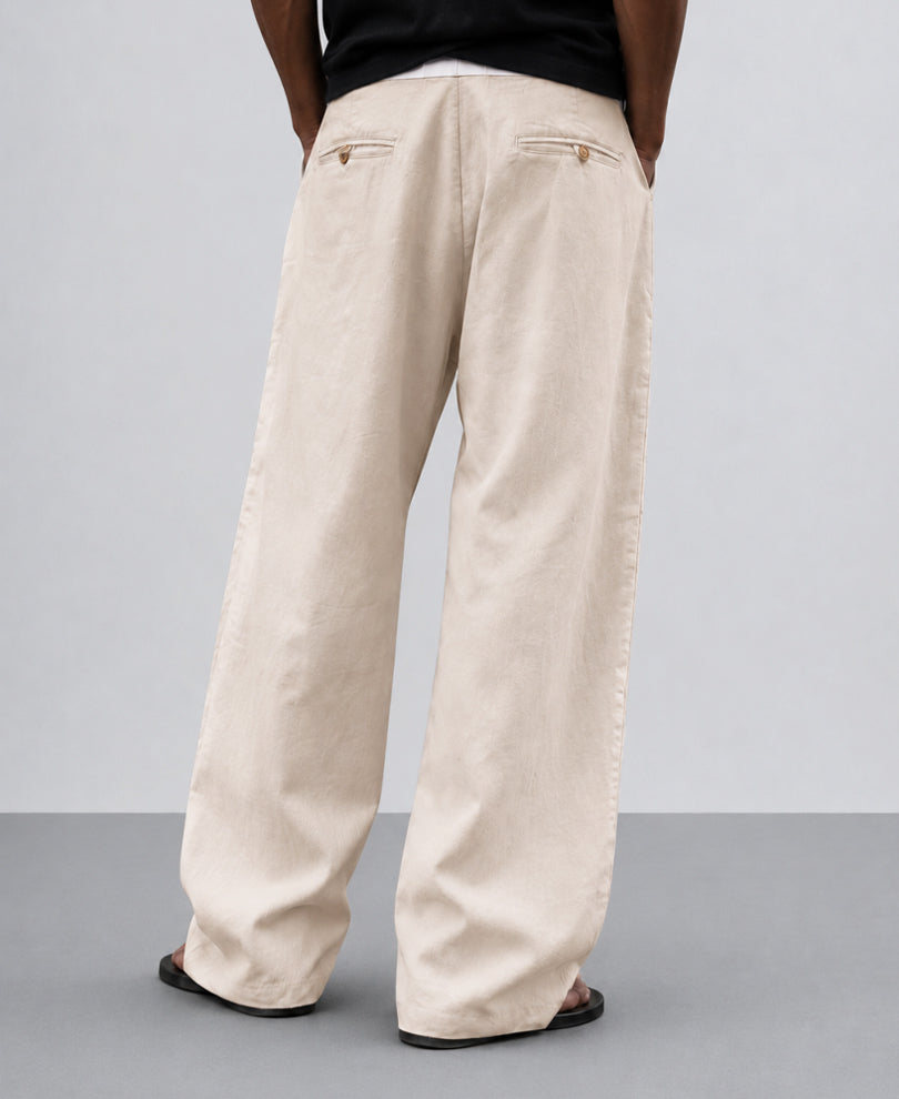 Beige Contrast Belt Linen Trouser