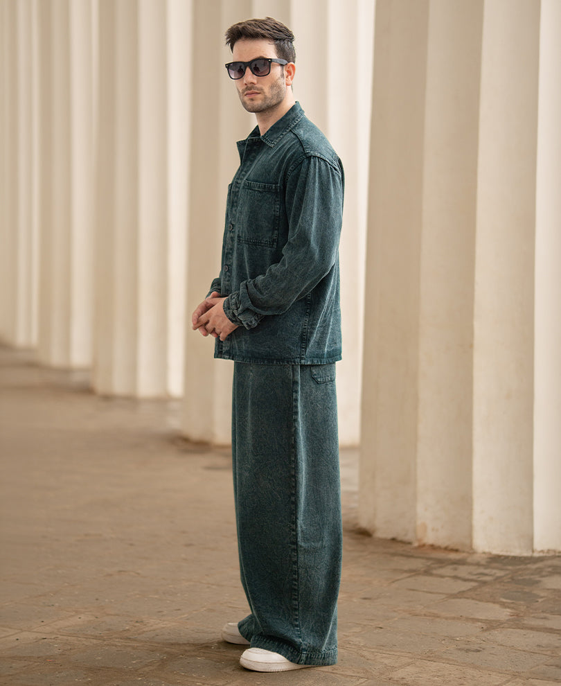 Dark Green Washed Structured Cord Set 100% Cotton