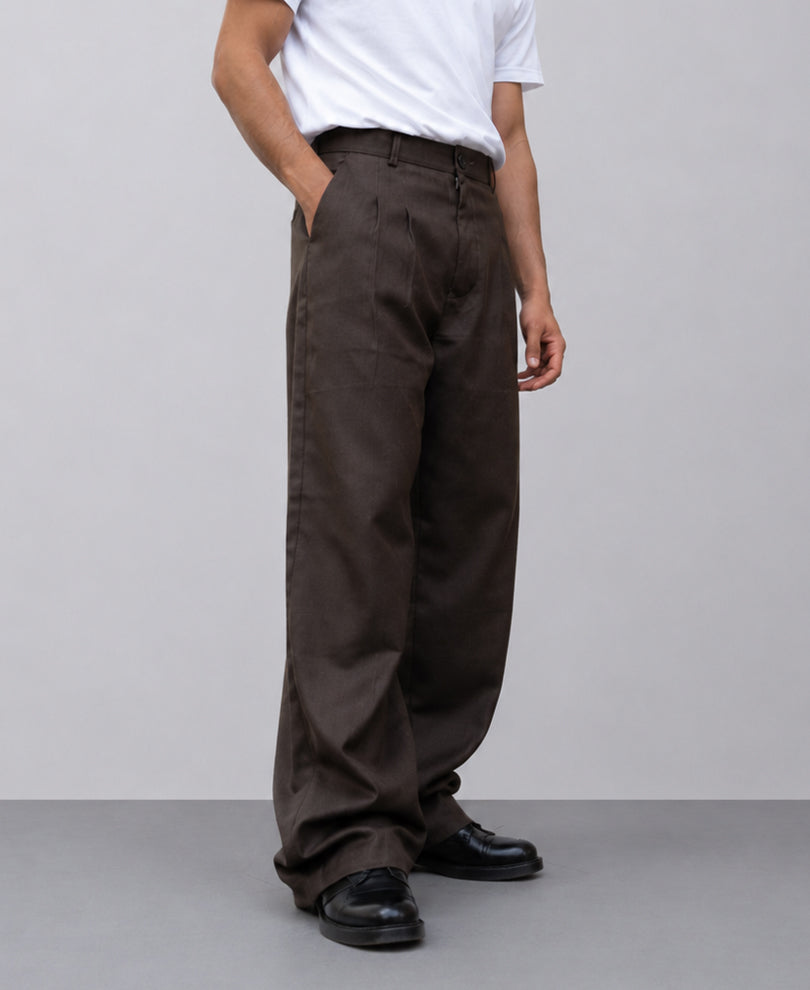 Brown Pleated Baggy Trousers