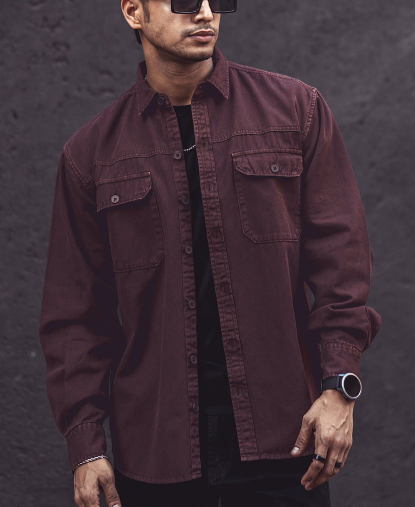 Dark Brown Denim Shacket Full Sleeves Shirt.