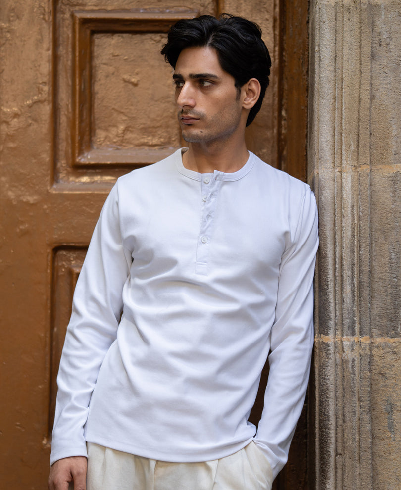White Rib Knit Henley T-Shirt