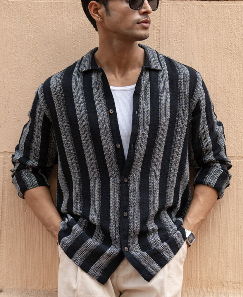 Black Structured Striped Shirt.